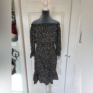 Zara Black Floral Long Sleeve Dress. Off-shoulder